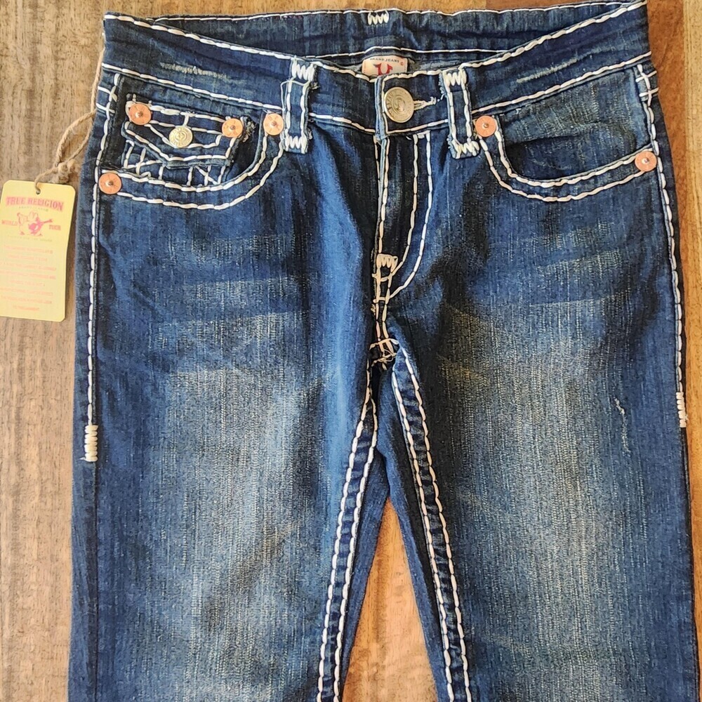 True Religion Jeans Womens 30 Blue Low Rise Flare Distressed USA Stretch Denim - Picture 3 of 16